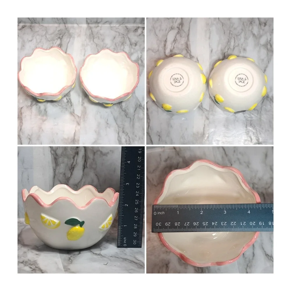 Luna & Sage Set of 2 Lemon Theme Bowls With Pink Scallop Rim‎ Kitchen Dinnerware